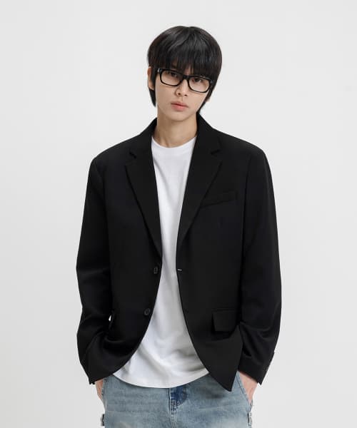 Basic oversized single blazer jacket [Black]