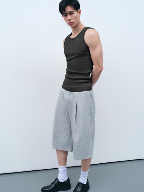 [Cooltandard] One Pleat Bermuda Sweat Pants [Medium Gray]