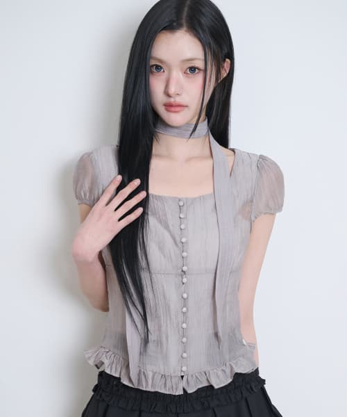 Ribbon Tie Square Neck Blouse - Gray