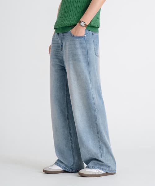 Vintage Cat Washing Wide Denim Pants [Light Blue]