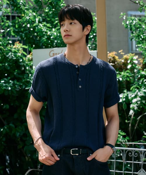 SS Washable [Cable Henley Neck] Cropped Short Sleeve Knit (8 Colors)