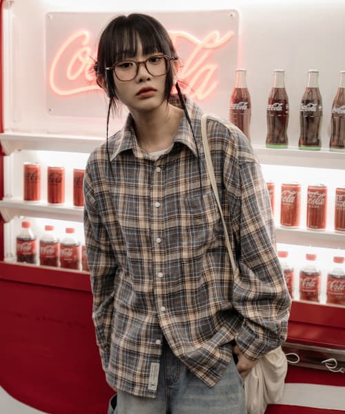 Oversized Flannel Pocket Check Shirt [Deep Blue]