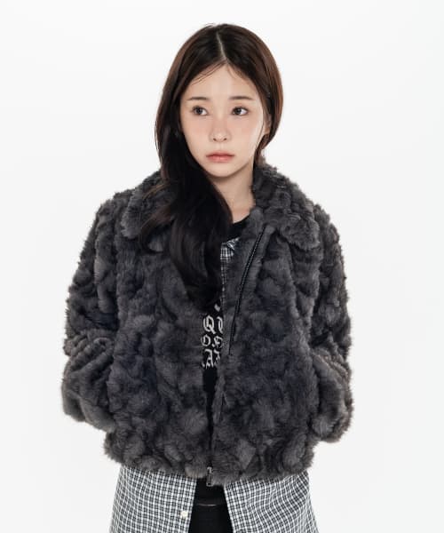 Collar Zip-Up Fur Jacket _ Charcoal