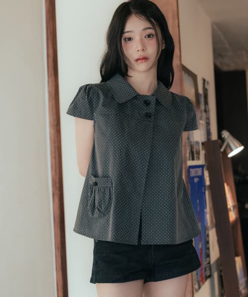 Dot Button Puff Sleeve Blouse_Charcoal