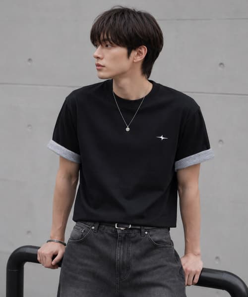 Cropped Stripe Color Block Roll-Up Short Sleeve T-Shirt GT-392_Black