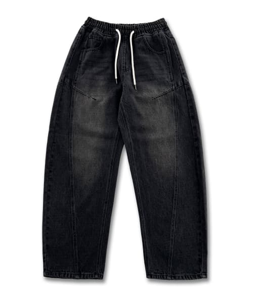 Elastic Waist Curved Cut Denim Pants LR6DU163_BLACK