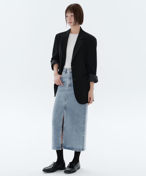 WOMENS FRONT SLIT LONG DENIM SKIRT_LIGHT INDIGO