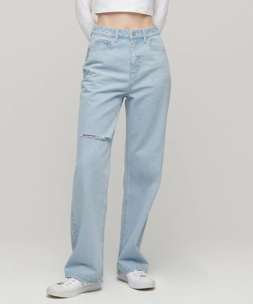 Women's Slash Loose Straight Denim Pants [Pale Blue]