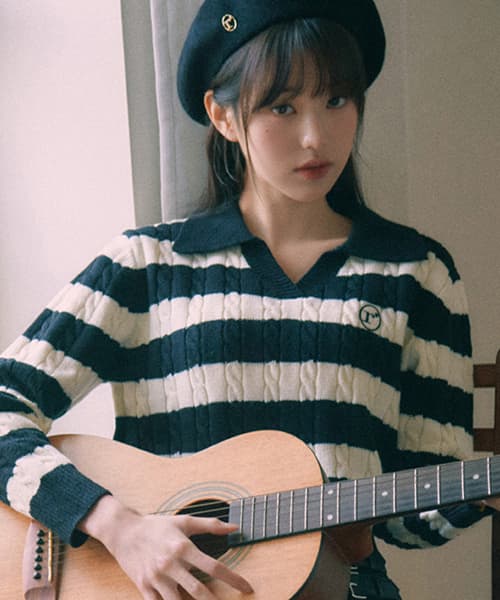 COLLAR STRIPE BOARDER KNIT WH+BK