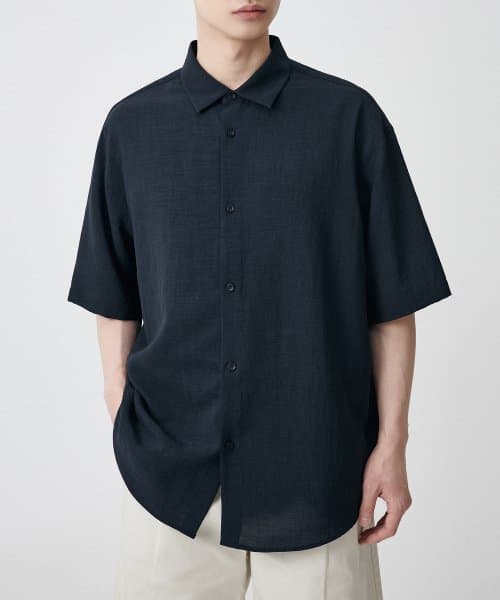Relaxed Linen-Like Short Sleeve Shirt [Navy]