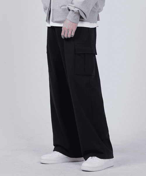 [Summer or fleece or all-season fabric selection] One-pleat wide sweat cargo pants black