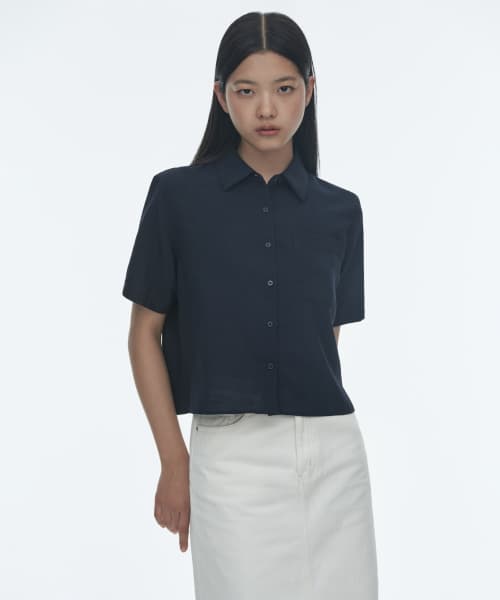 Womens Linen-Like Short Sleeve Shirt [Navy]