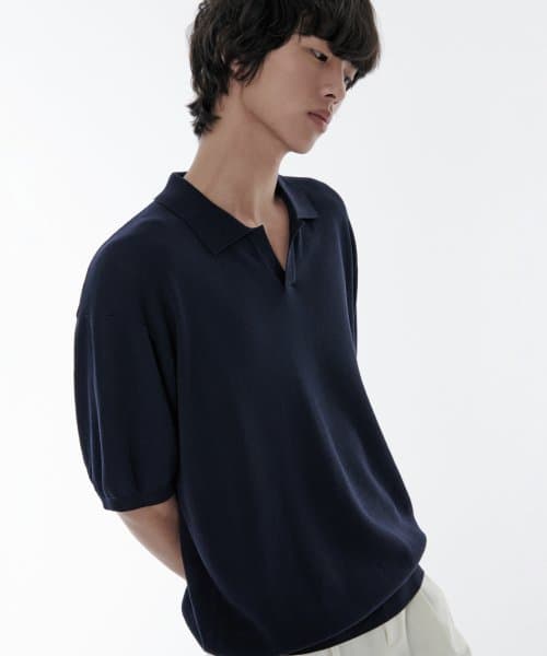 Cool Touch Slit Neck Knitted Polo Shirt [Navy]
