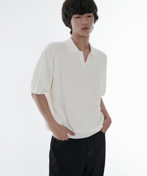 Cool Touch Slit Neck Knitted Polo Shirt [Ivory]
