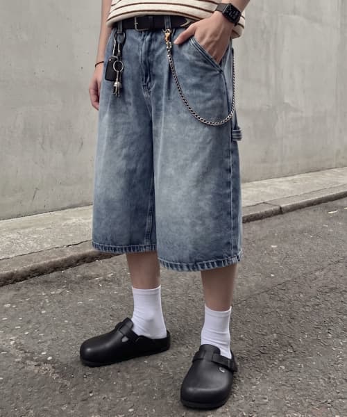 Bio-washing Carpenter Bermuda Denim Pants_Light Blue