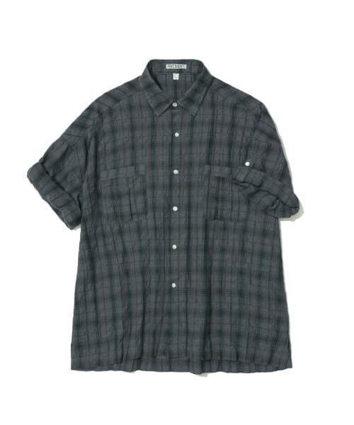 Wrinkle Check Boxy Oversized Roll-Up Half Shirt Dark Navy