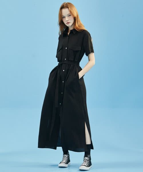 Linen Pocket Shirt Dress [Black]