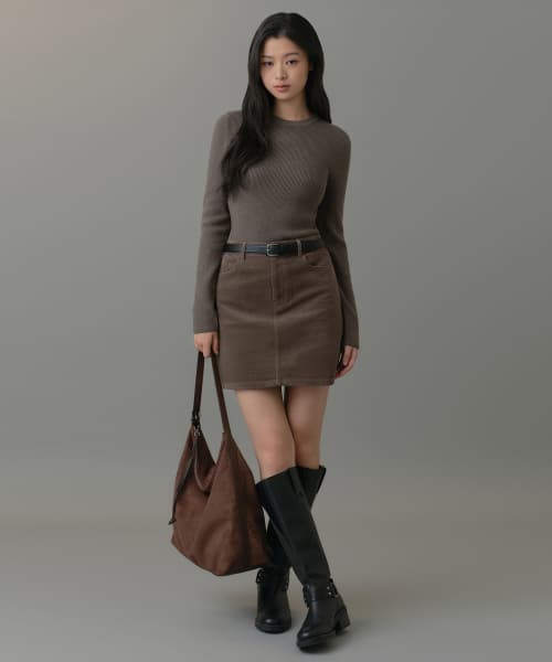 Womens Ribbed Slim Crew Neck Knit [Taupe]