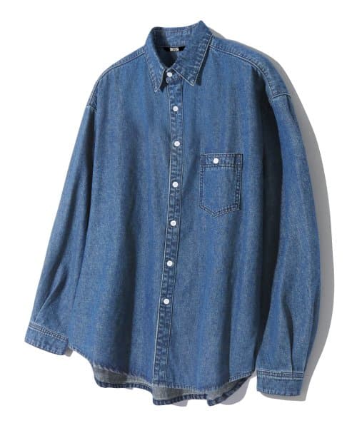 Stone Washed Oversized Denim Long Sleeve Shirt (MIDDLE BLUE)
