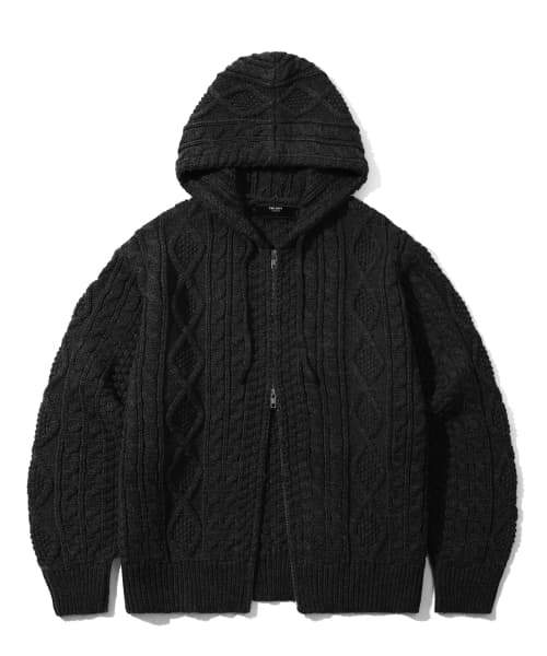 Washable Aran Cable Hooded Zip-Up Knit (PURE BLACK)