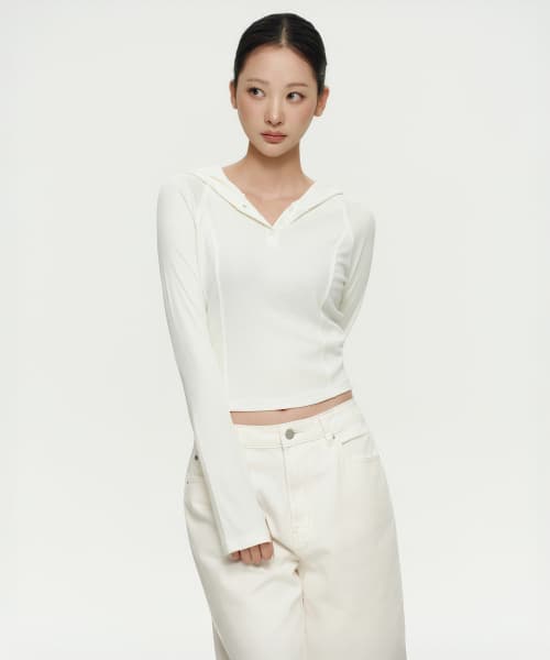 Womens Ribbed Slim Hooded Long Sleeve T-Shirt [Ivory]