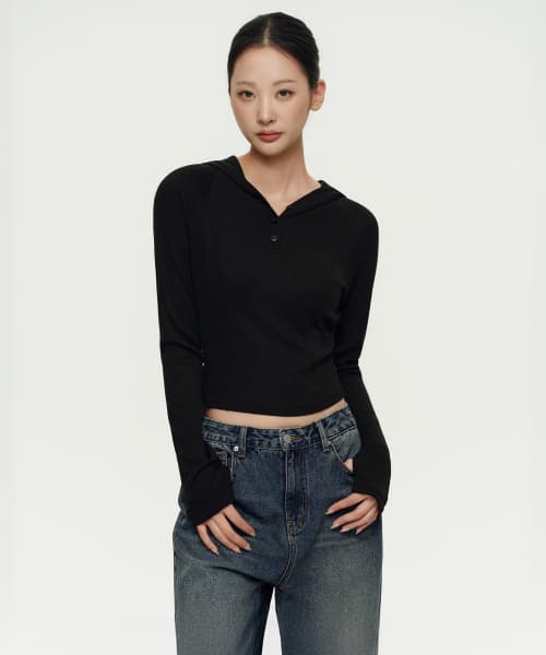 Women's Ribbed Slim Hooded Long Sleeve T-Shirt [Black]