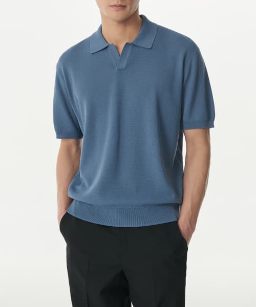 Cool Touch Slit Neck Knitted Polo Shirt [Blue Gray]