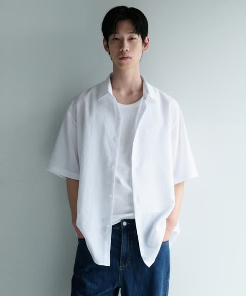 Relaxed Linen-Like Short Sleeve Shirt [White]