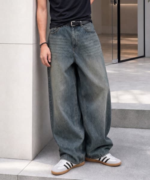 Damage Washed Denim Pants - Medium Blue