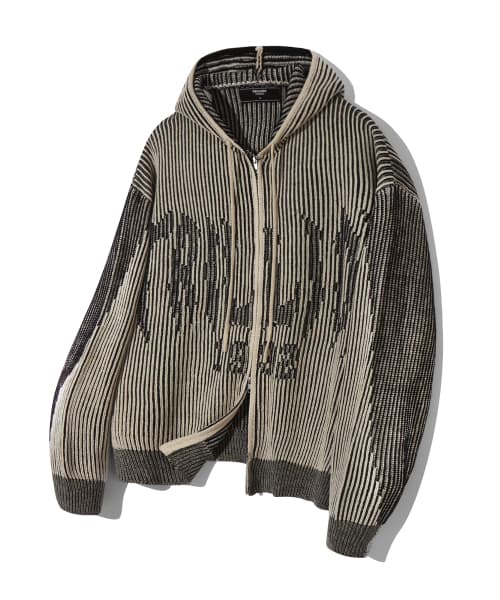 Washable Two-Tone Hooded Zip-Up Graphic Knit (BEIGE)