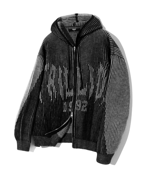 Washable Two-Tone Hooded Zip-Up Graphic Knit (BLACK)