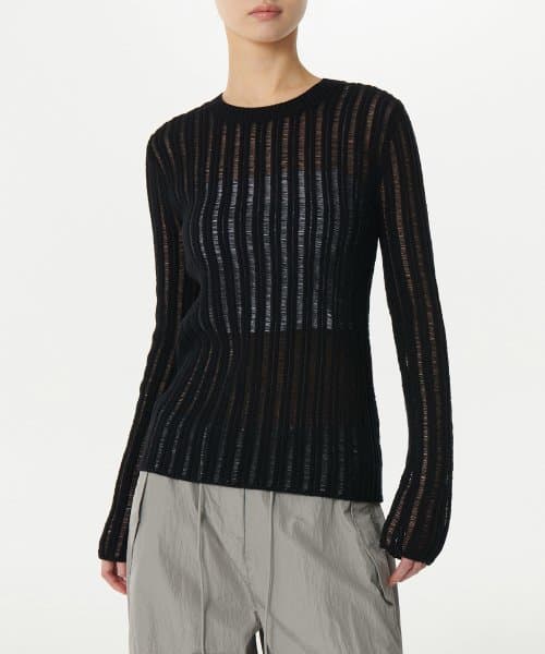 Womens Flat Yarn Vertical Crochet Crew Neck Knit [Black]