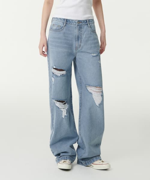 Womens Multi Distressed Wide Denim Pants [Light Indigo]