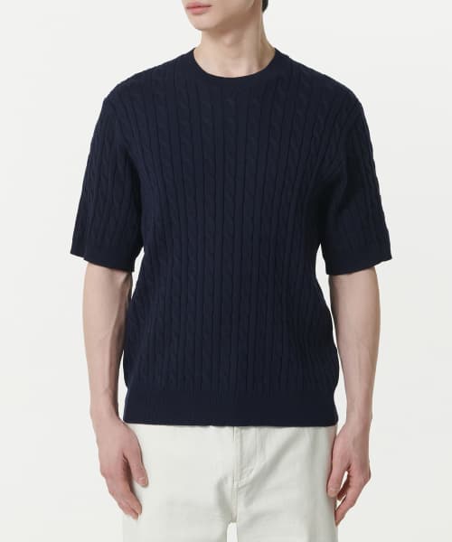 Cable Crew Neck Short Sleeve Knit [Navy]