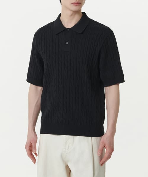 Cable Knitted Polo Shirt [Black]