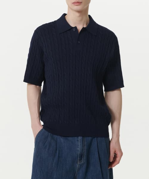 Cable Knitted Polo Shirt [Navy]