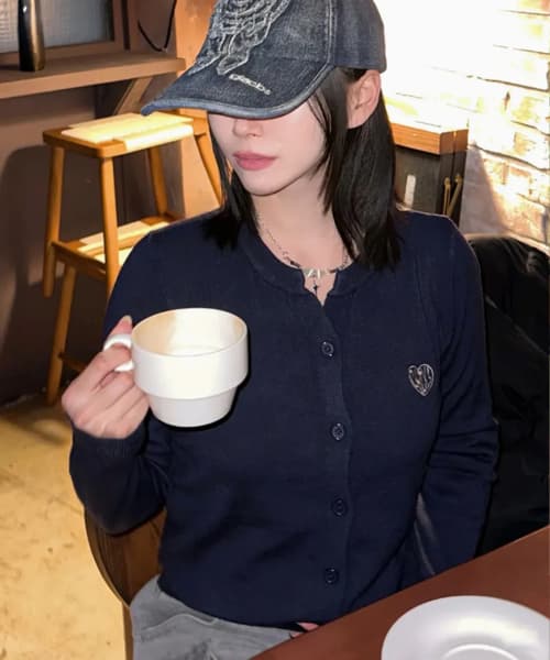 MVK Heart Stitch Mini V-Neck Knit Navy