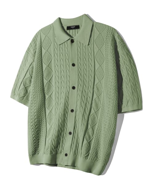 Washable cable half sleeve button up knitwear (LIGHT GREEN)