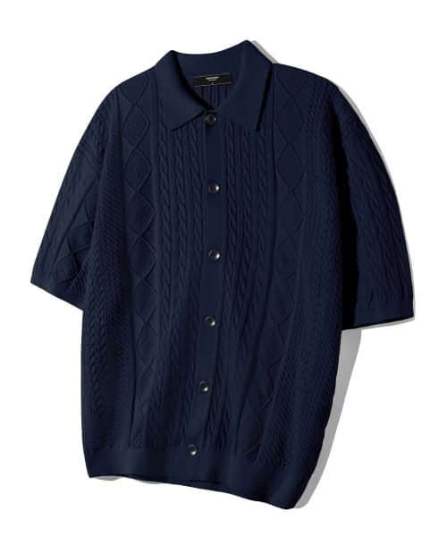 Washable cable half sleeve button up knitwear (NAVY)