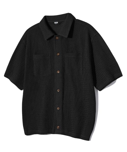 Oversized fit crochet net collar short-sleeved knitwear (BLACK)