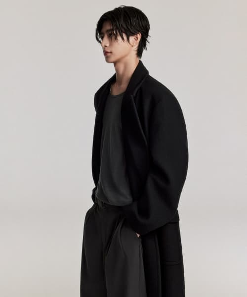 Wool Blend Daddy Shoulder Long Polo Coat [Black]