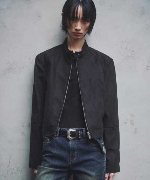 Women's Synthetic Suede Racer Jacket [Black]