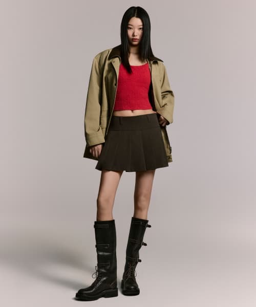 Womens Low Rise Pleated Mini Skirt [Khaki Brown]