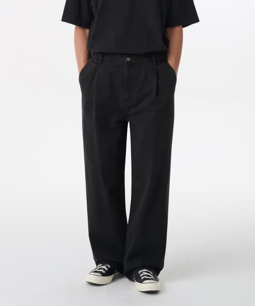 One Tuck Wide Banding Denim Pants [Washed Black]