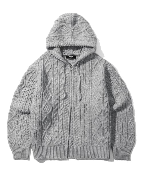 Washable Aran Cable Hooded Zip-Up Knit (MELANGE GRAY)