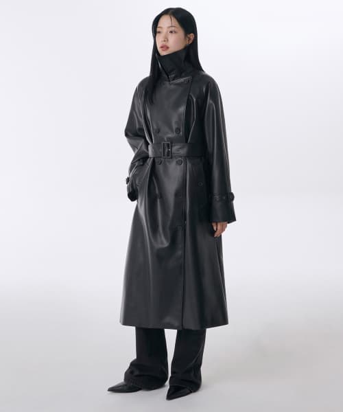 Womens Synthetic Leather Trench Coat [Black]