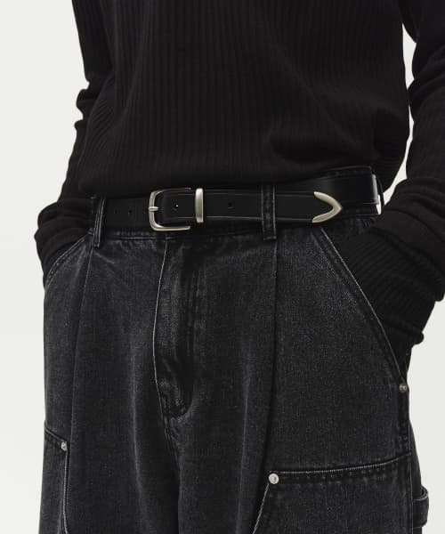 Square Line Real Leather Belt [Black]