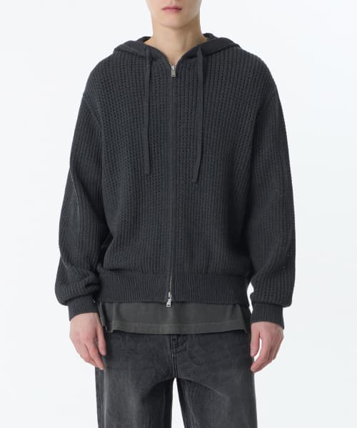 Crochet Knit Hooded Zip-Up [Medium Gray]