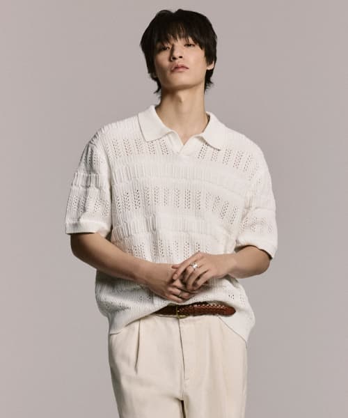 Multi Crocheted Slit Neck Knitted Polo Shirt [Ivory]