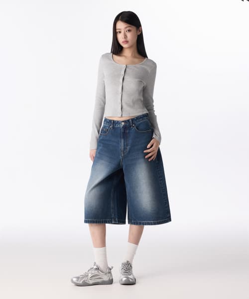Womens Big Brush Wide Bermuda Denim Pants [Medium Indigo]